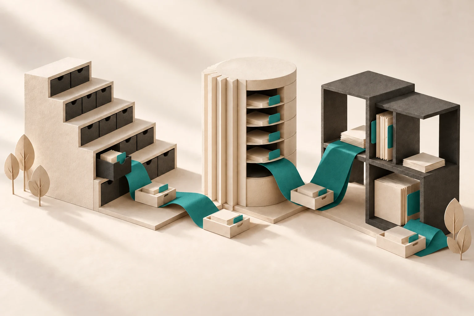 Paper structures joined by a teal ribbon, illustrating connected systems and review points.